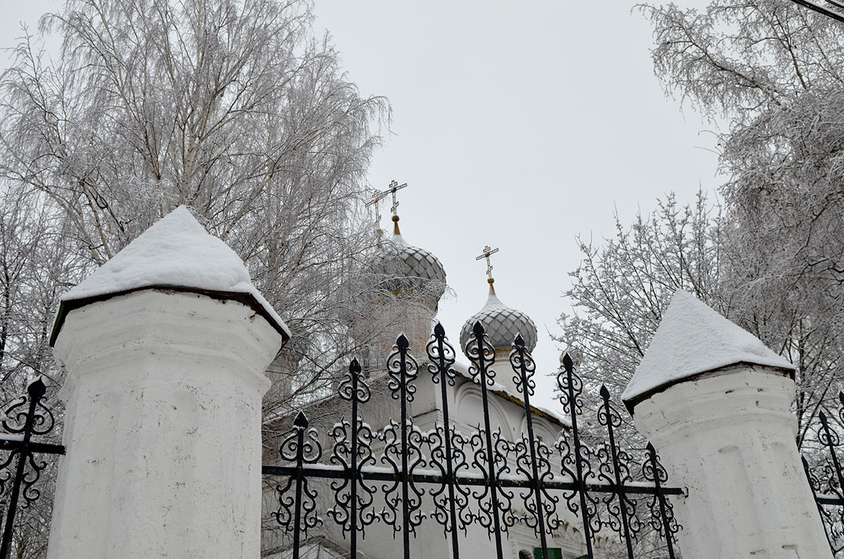 Купола церкви Иоанна Богослова в Костроме выглядят очень живописно за ажурной решеткой храмовой ограды, в сочетании с покрытыми инеем деревьями.