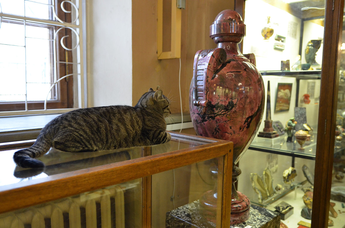 Осмотр познавательной экспозиции минералогического музея завершается возле громадной вазы из яшмы, ставшей главным поделочным камнем в наши дни. Кот здесь вполне живой.