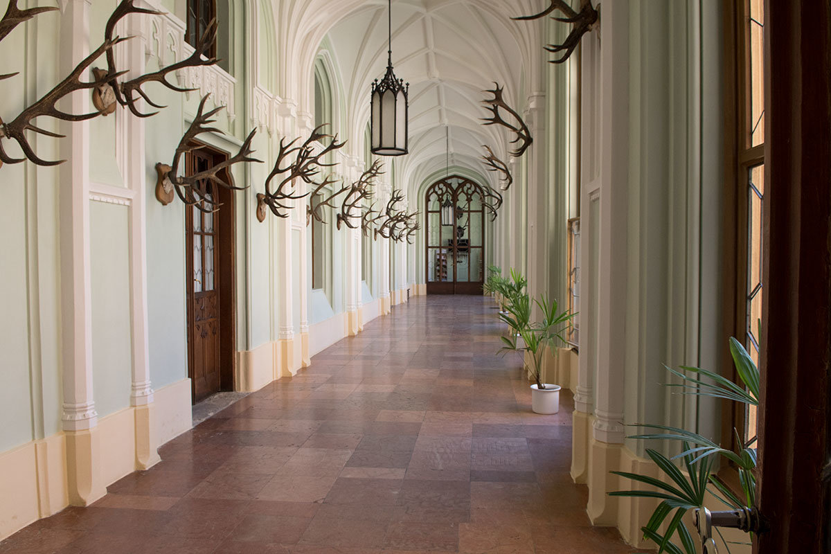 Соединительный коридор, ведущий к помещениям замка Леднице, увешан охотничьими трофеями бывших хозяев.