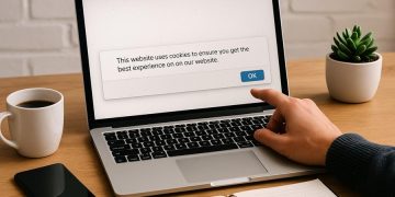 Предупреждение о файлах cookie на экране ноутбука — Роскомнадзор штрафует бизнес за отсутствие политики конфиденциальности на сайтах