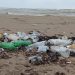 Мелкий пластиковый мусор и отходы плавают в морской воде возле берега